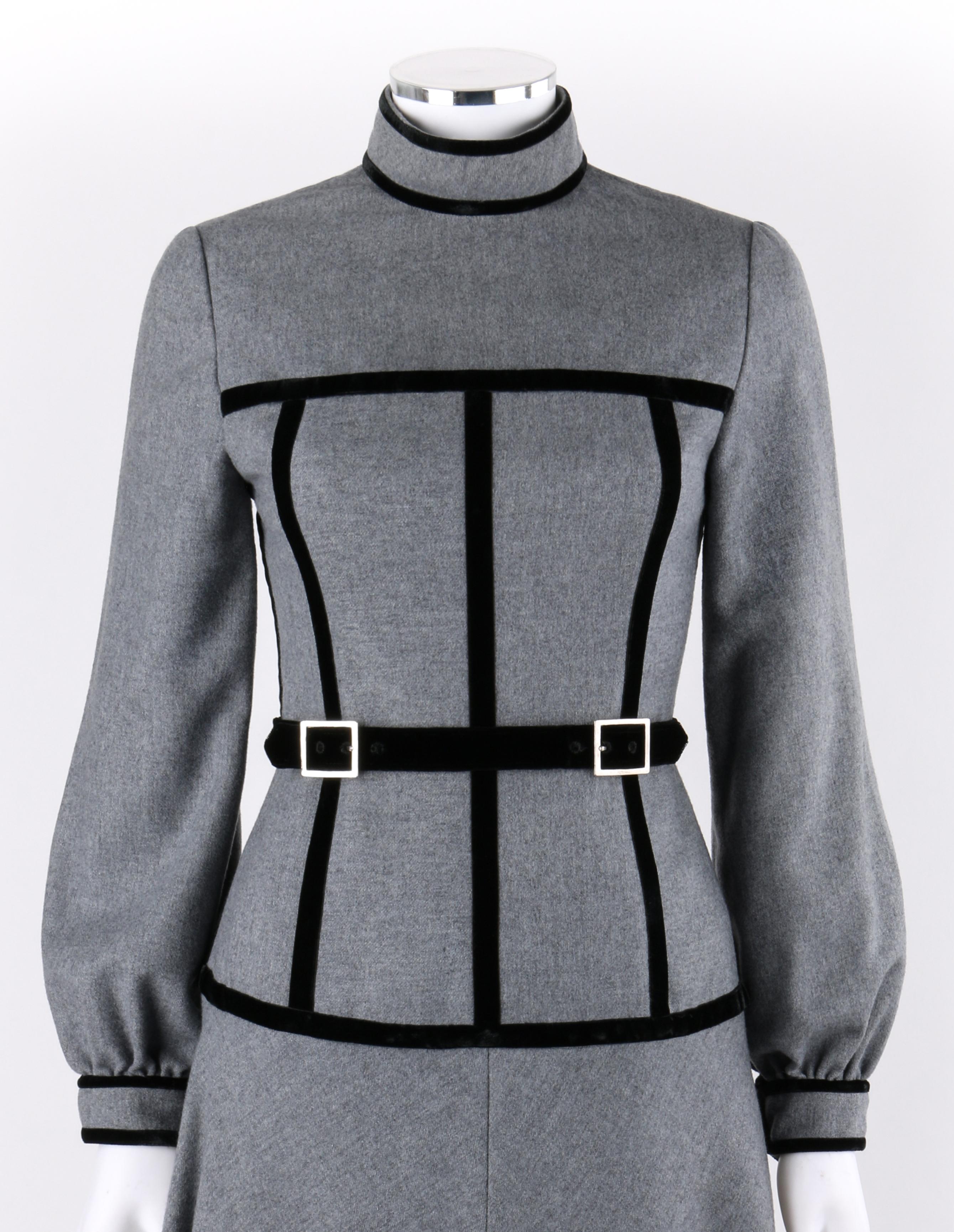 OSCAR de la RENTA c.1970s Gray Velvet Corset Trim Black Belted Dress 
 
Circa: 1970’s
Label(s): Oscar de la Renta boutique; Union tag
Designer: Oscar de la Renta
Style: Long sleeve dress
Color(s): Shades of gray (exterior, interior); black