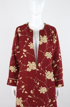 OSCAR DE LA RENTA c.2000's Maroon Gold Floral Detail Front Zip Kaftan Maxi Dress