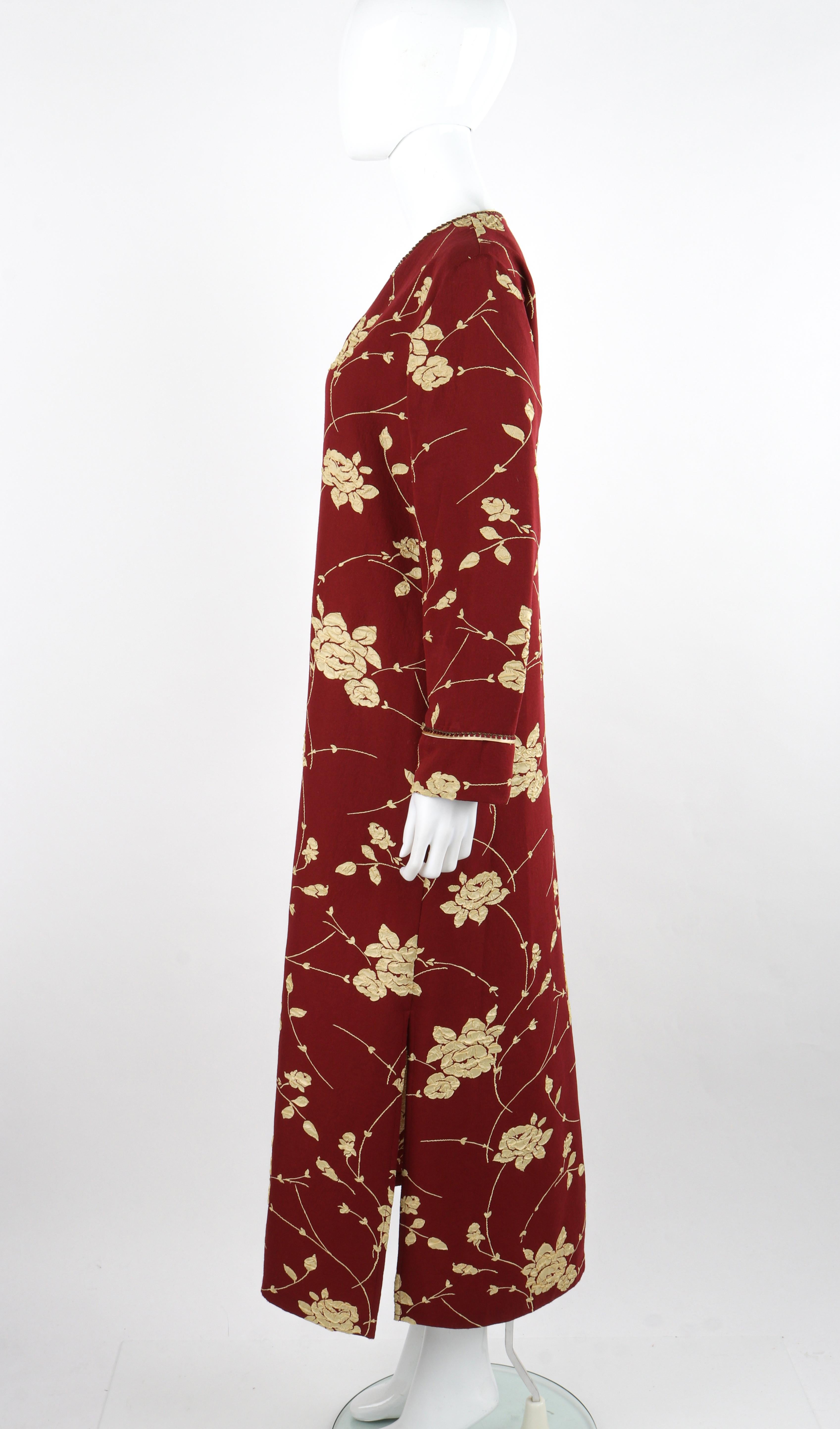 OSCAR DE LA RENTA c.2000's Maroon Gold Floral Detail Front Zip Kaftan Maxi Dress For Sale 1