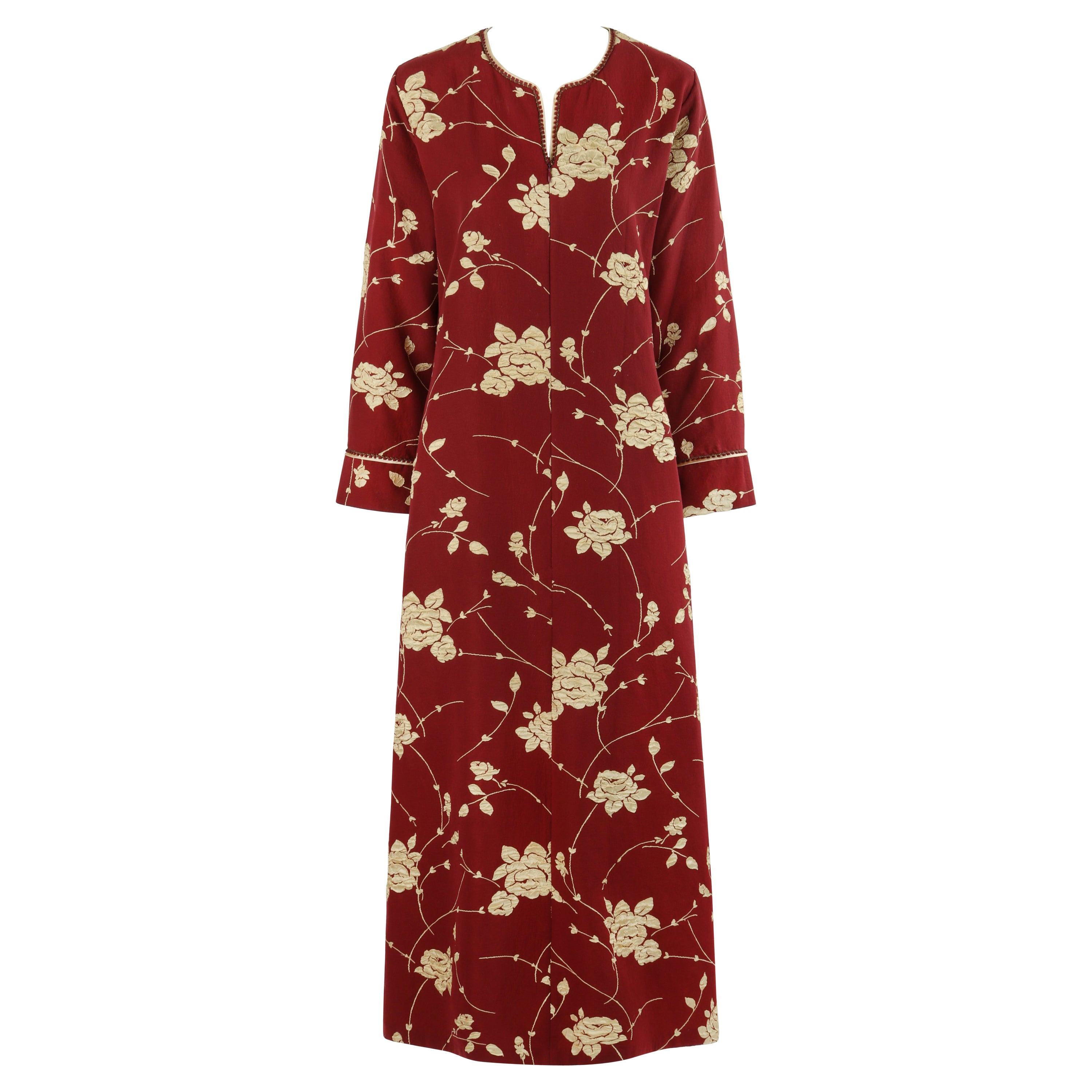 OSCAR DE LA RENTA c.2000's Granate Dorado Detalle Floral Cremallera Delantera Maxi Vestido Kaftan