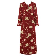 OSCAR DE LA RENTA c.2000's Maroon Gold Floral Detail Front Zip Kaftan Maxi Dress