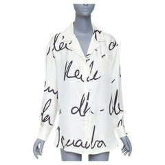 OSCAR DE LA RENTA C21 Runway black cursive script print white silk shirt top XS