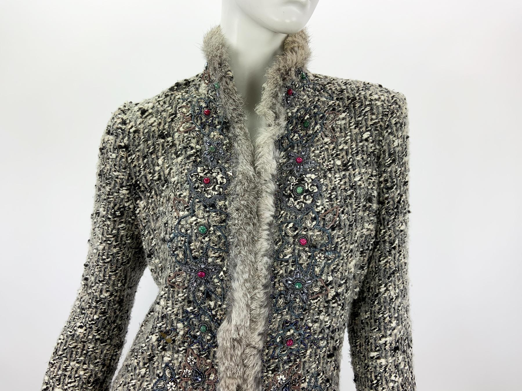 Women's Oscar de la Renta Campaign Runway Hand Embellished Fur Boucle Wool Jacket US 10 For Sale