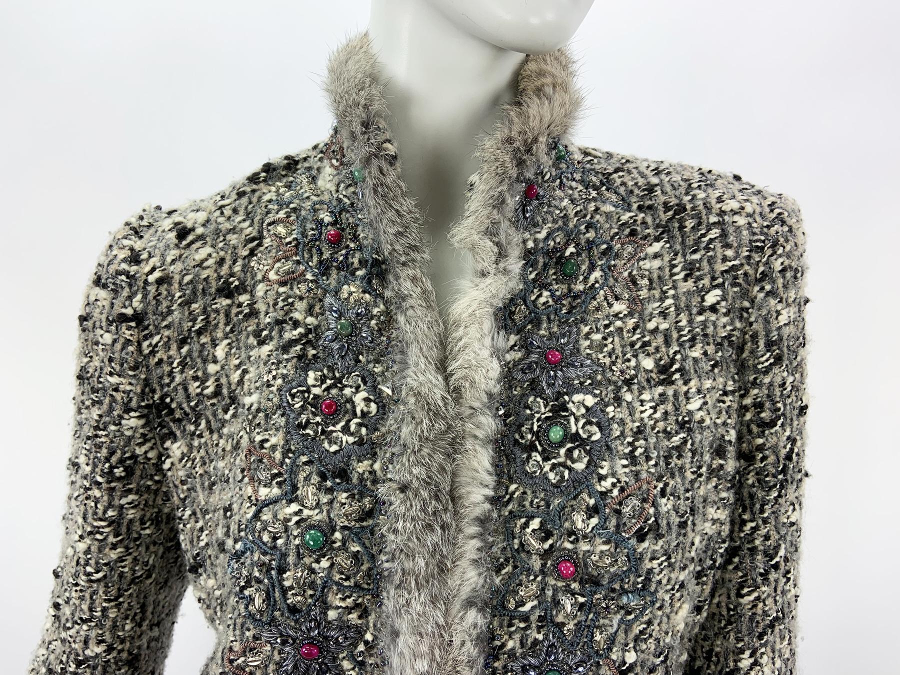 Oscar de la Renta Campaign Runway Hand Embellished Fur Boucle Wool Jacket US 10 For Sale 1