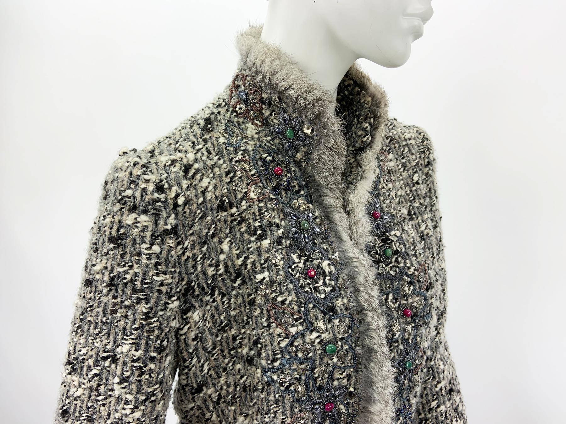 Oscar de la Renta Campaign Runway Hand Embellished Fur Boucle Wool Jacket US 10 For Sale 2