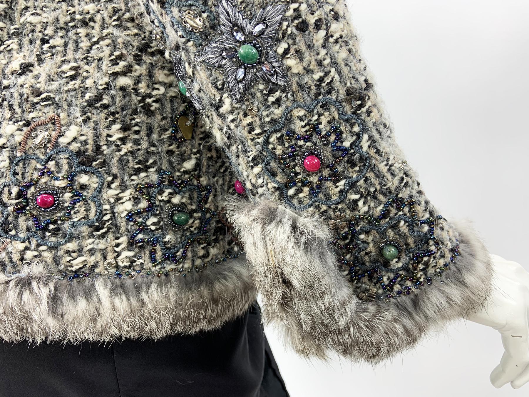 Oscar de la Renta Campaign Laufsteg Handverzierung Pelz Boucle Wolle Jacke US 10 im Angebot 4
