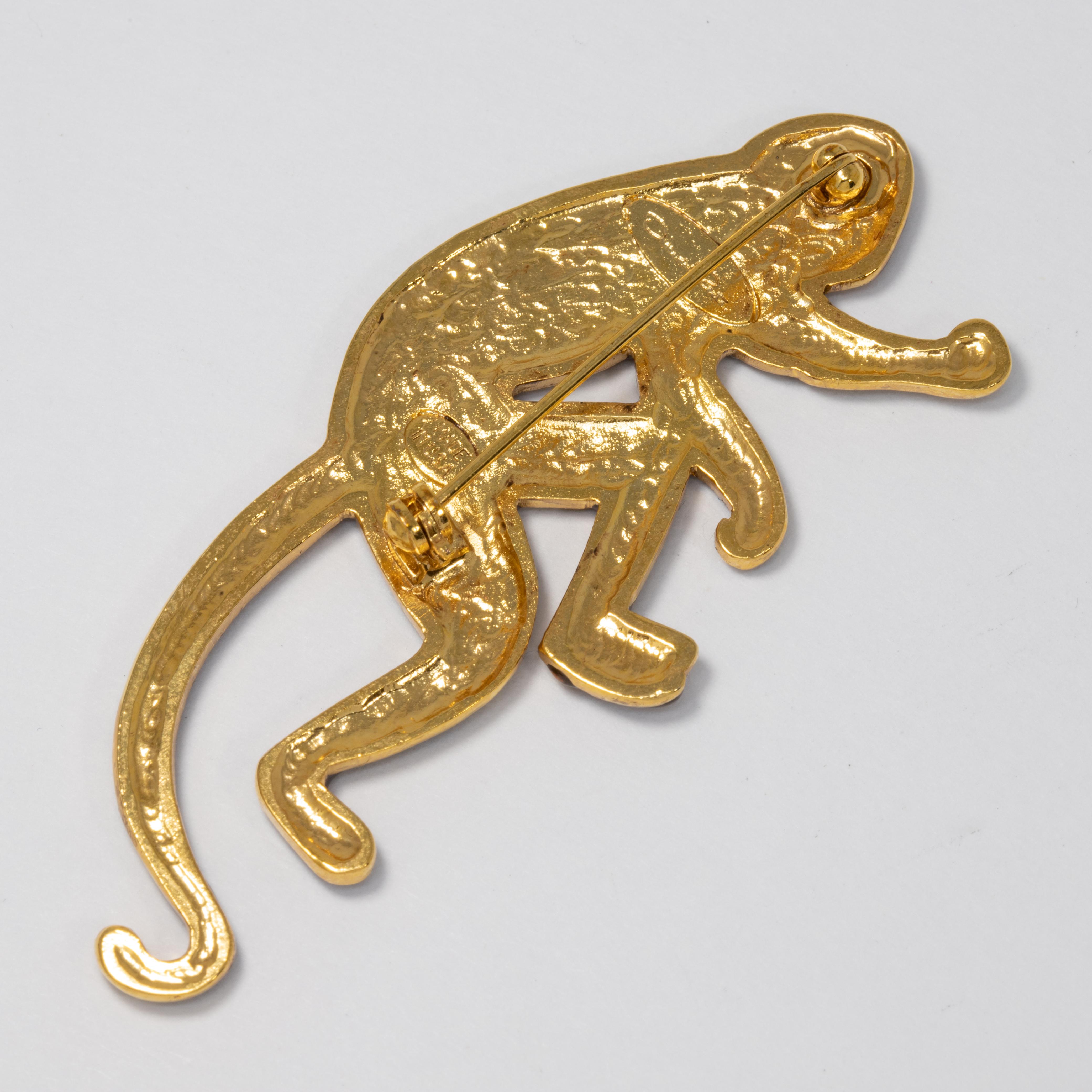 Oscar de la Renta Caramel Enamel Monkey Pin Brooch in Gold In New Condition For Sale In Milford, DE