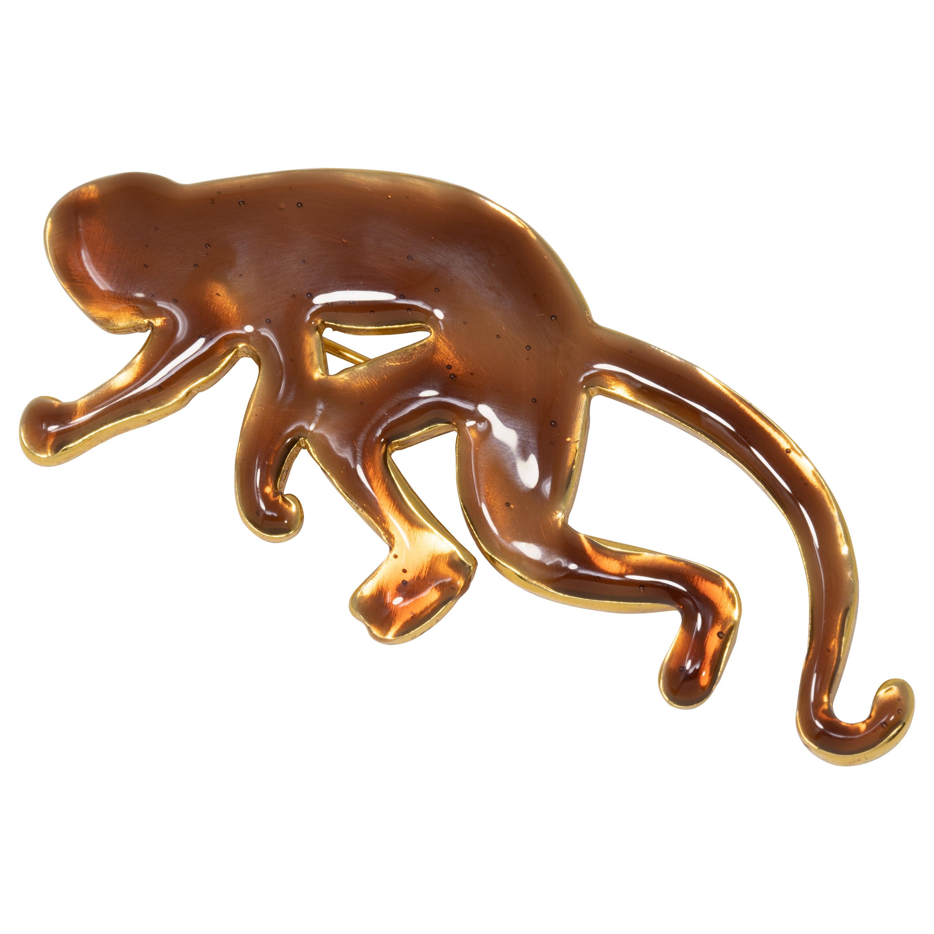 Oscar de la Renta Caramel Enamel Monkey Pin Brooch in Gold For Sale