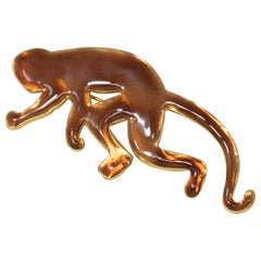 Oscar de la Renta Caramel Enamel Monkey Pin Brooch in Gold