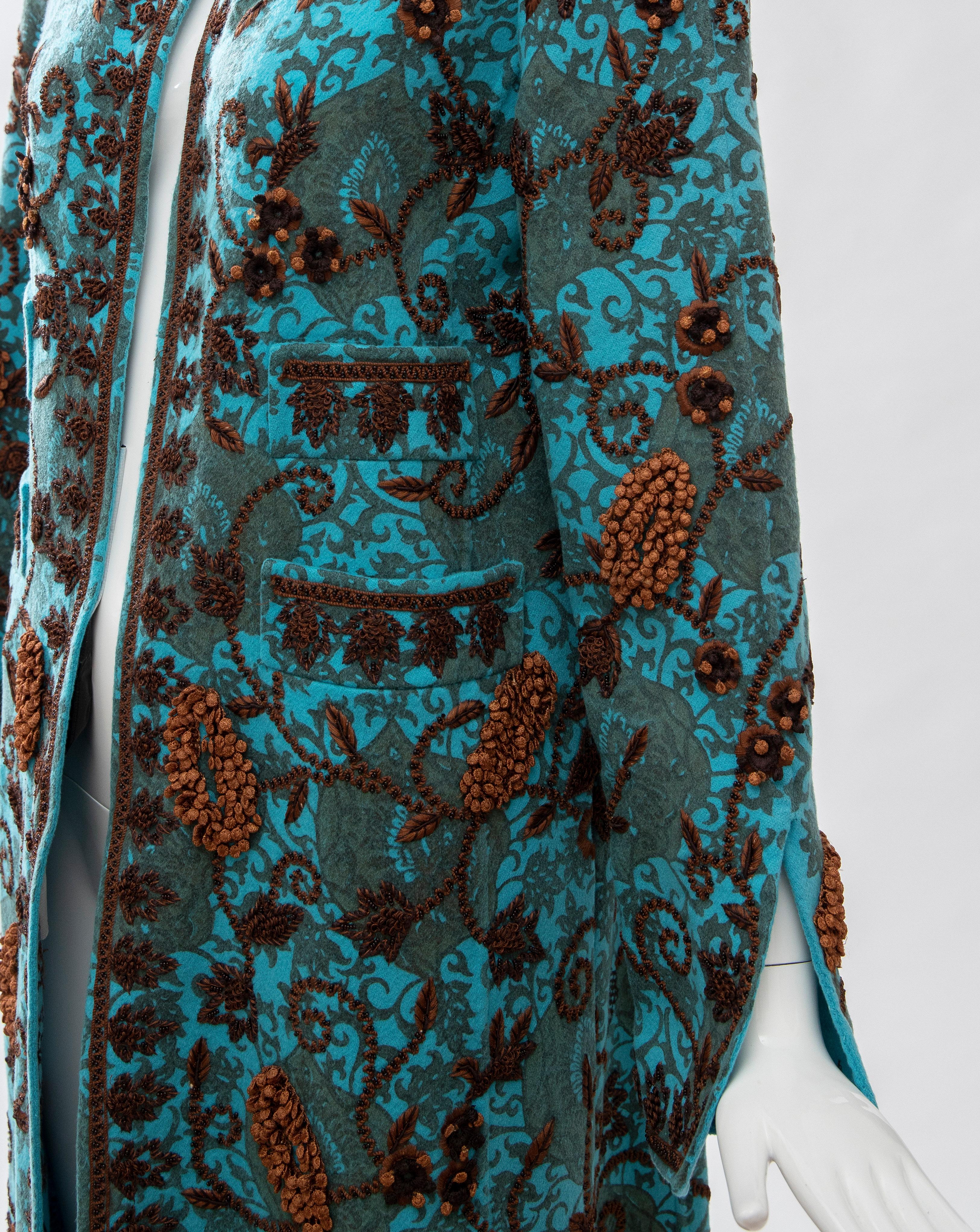 Oscar De la Renta Cerulean Printed Cashmere Bead Embroidery Coat, Circa: 2000's 4