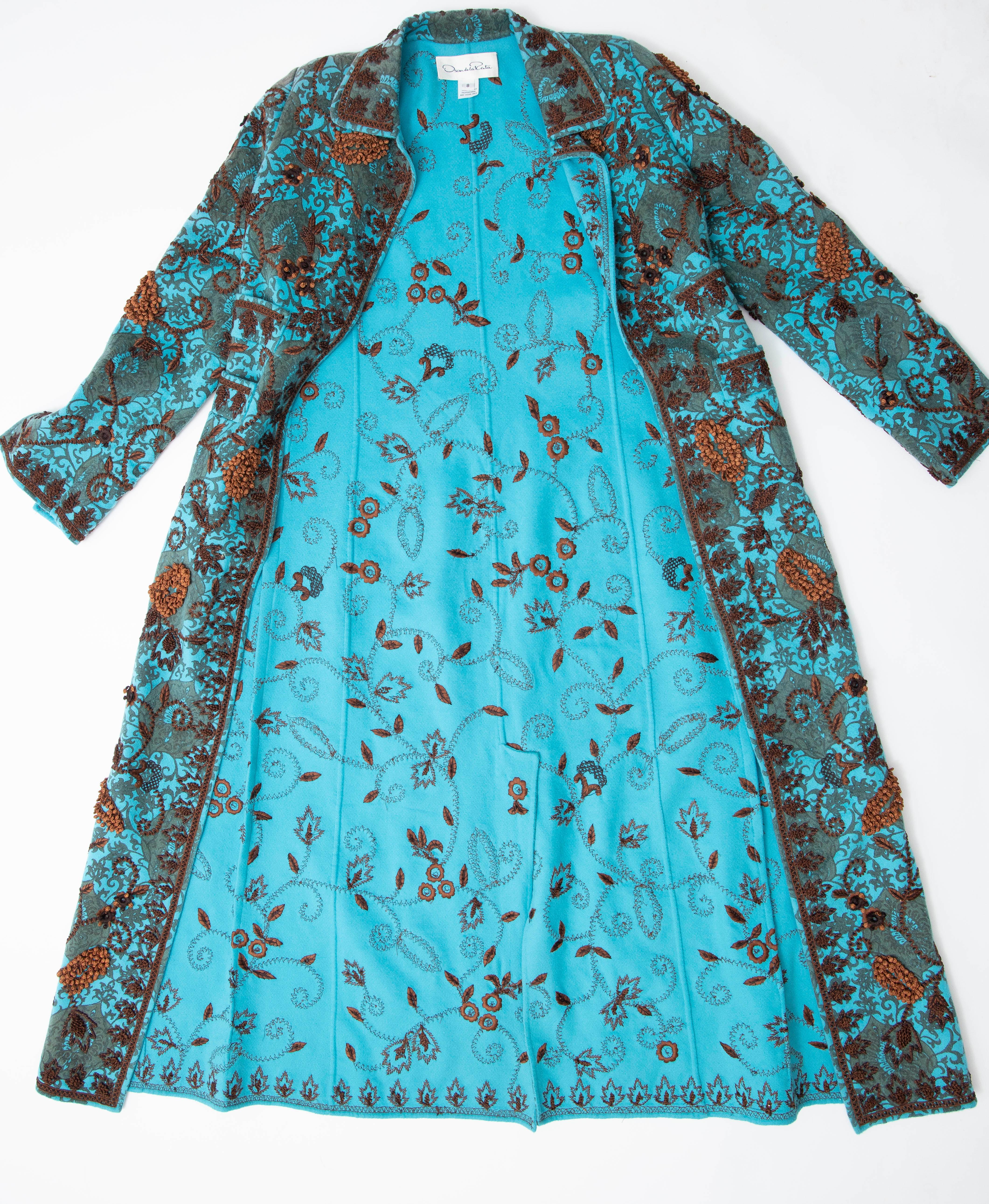 Oscar De la Renta Cerulean Printed Cashmere Bead Embroidery Coat, Circa: 2000's 10
