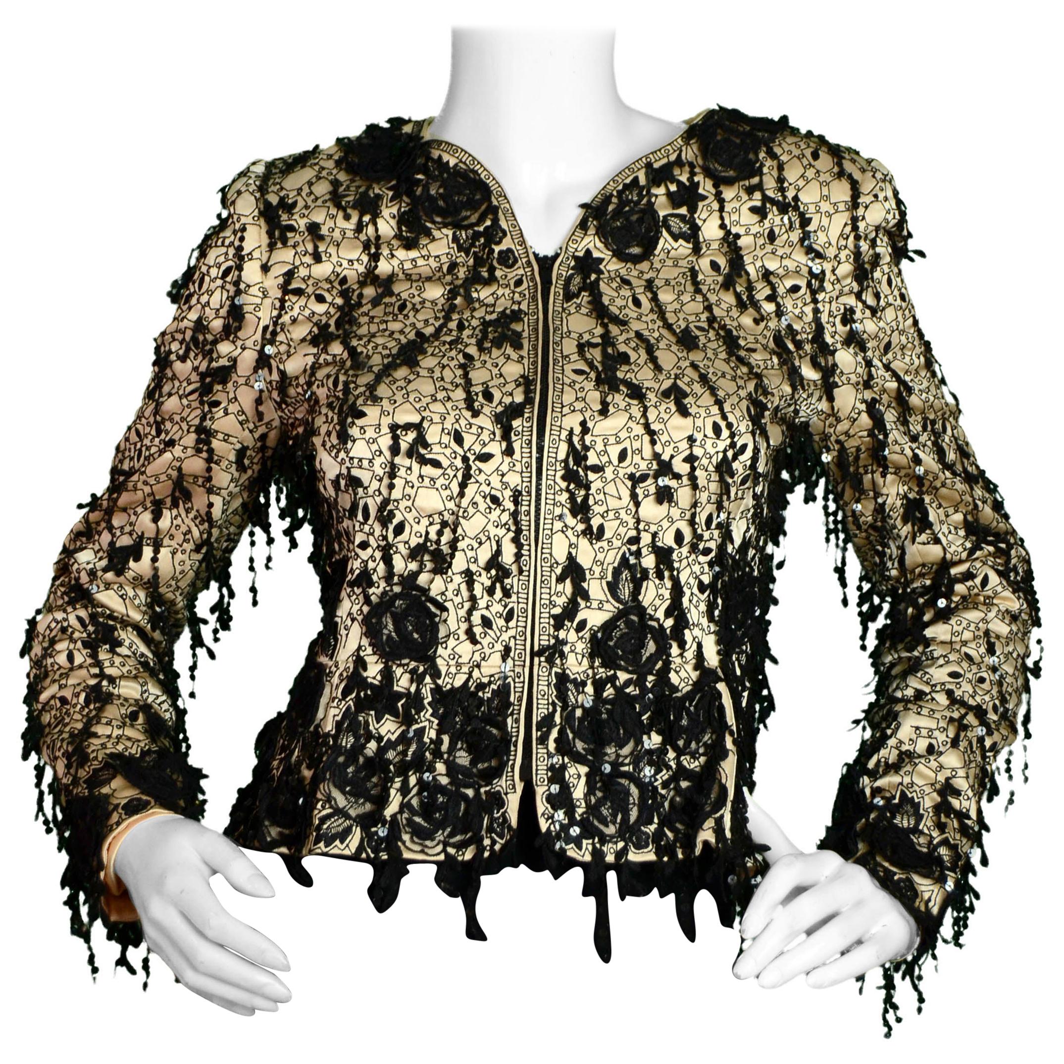 Oscar de la Renta Champagne Silk Embroidered Jacket w/ Sequins sz S