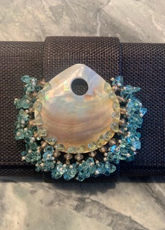 Oscar de la Renta Charcoal Straw Bag with Seashell and Beach Glass Decoration