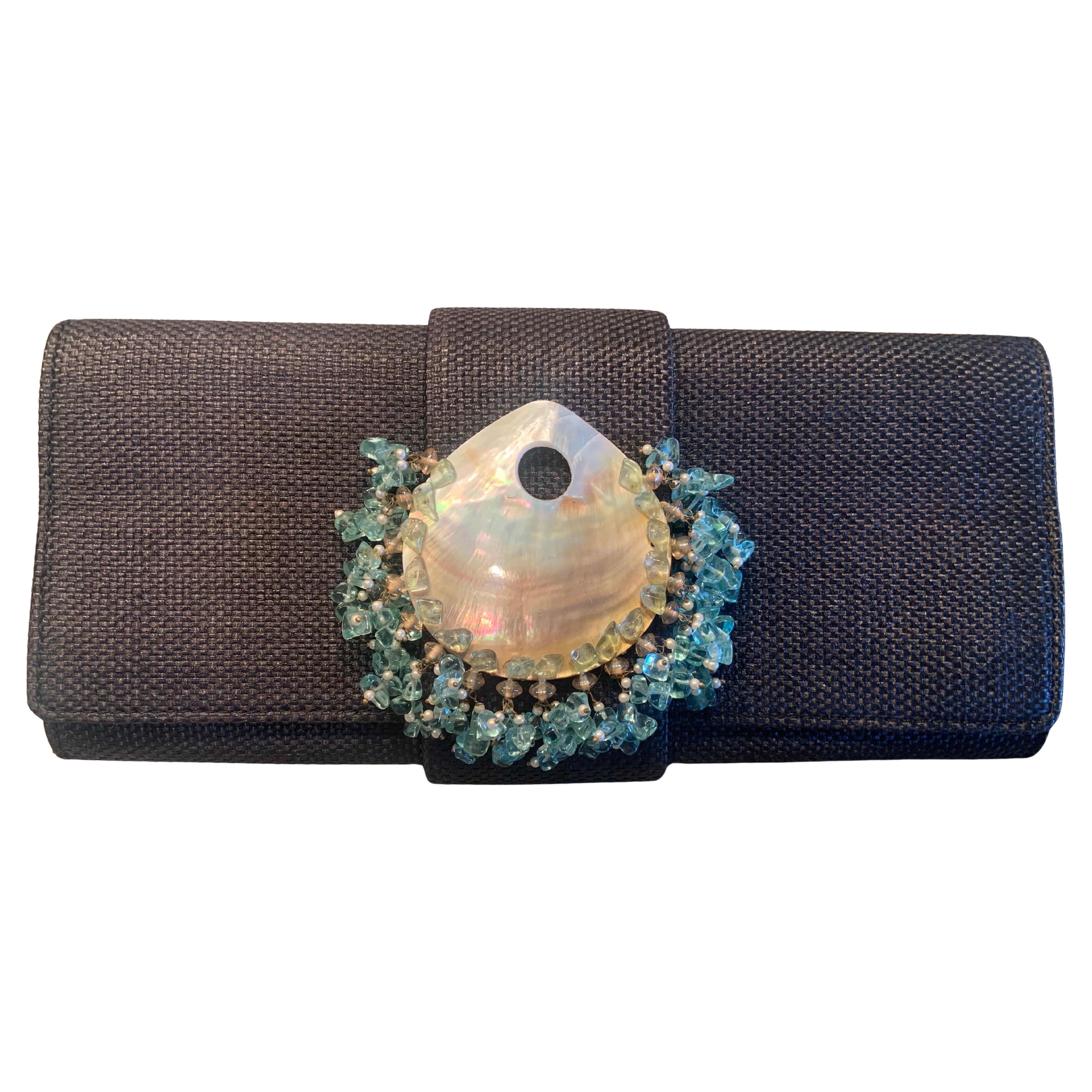 Oscar de la Renta Charcoal Straw Bag with Seashell and Beach Glass Decoration en venta