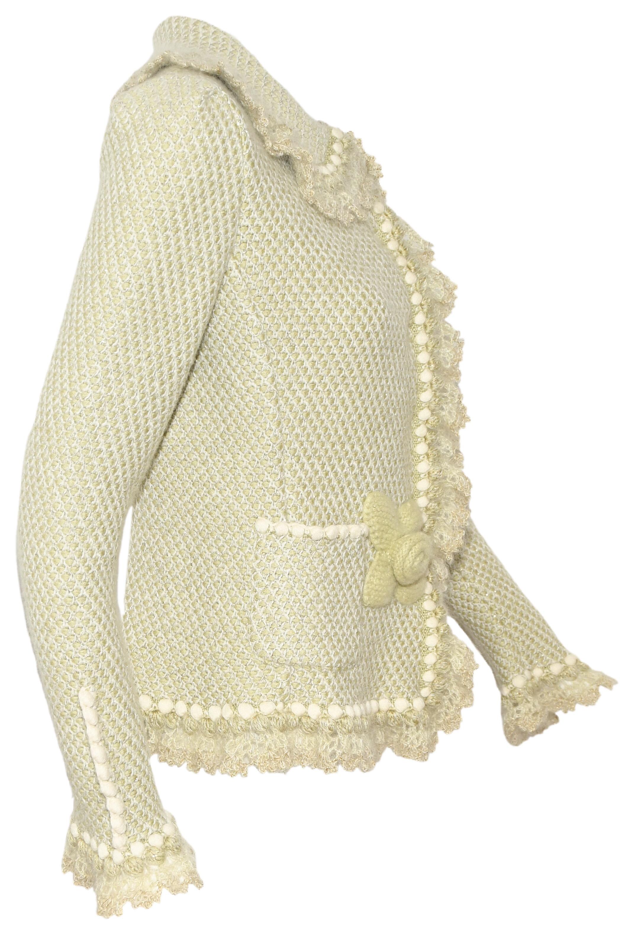 Beige Oscar de la Renta Pale Green Cashmere & Wool Crochet Jacket Size M