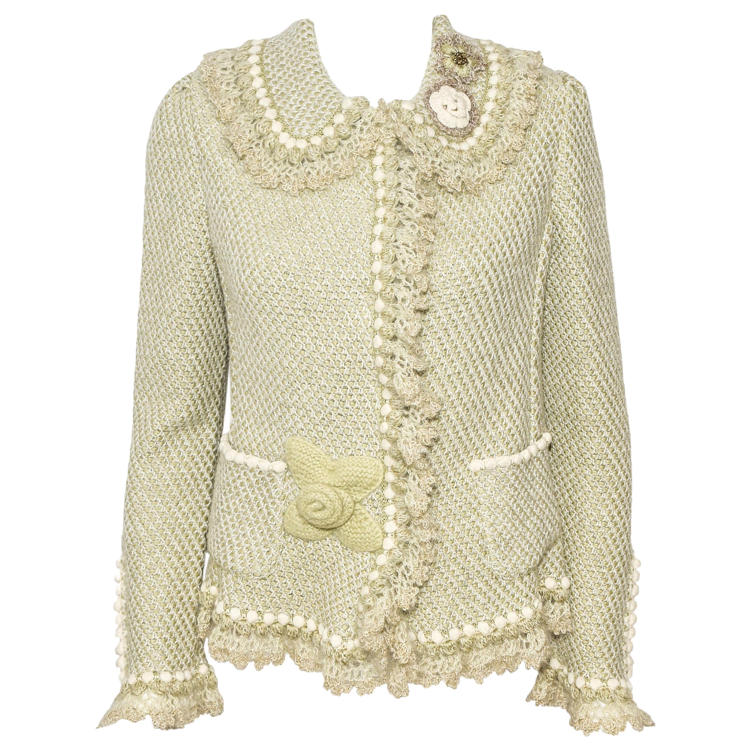 Oscar de la Renta Pale Green Cashmere & Wool Crochet Jacket Size M