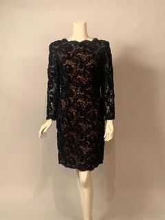 Oscar de la Renta Chenille Embroidered Black Lace over Nude Silk Chiffon Dress