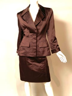 Oscar de la Renta Chocolate Brown Satin Skirt Suit