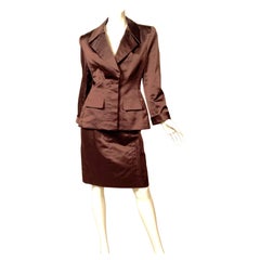 Oscar de la Renta Chocolate Brown Satin Skirt Suit