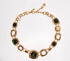 Oscar de la Renta Circa 1990s Green Jewel-Toned Chain Statement Necklace