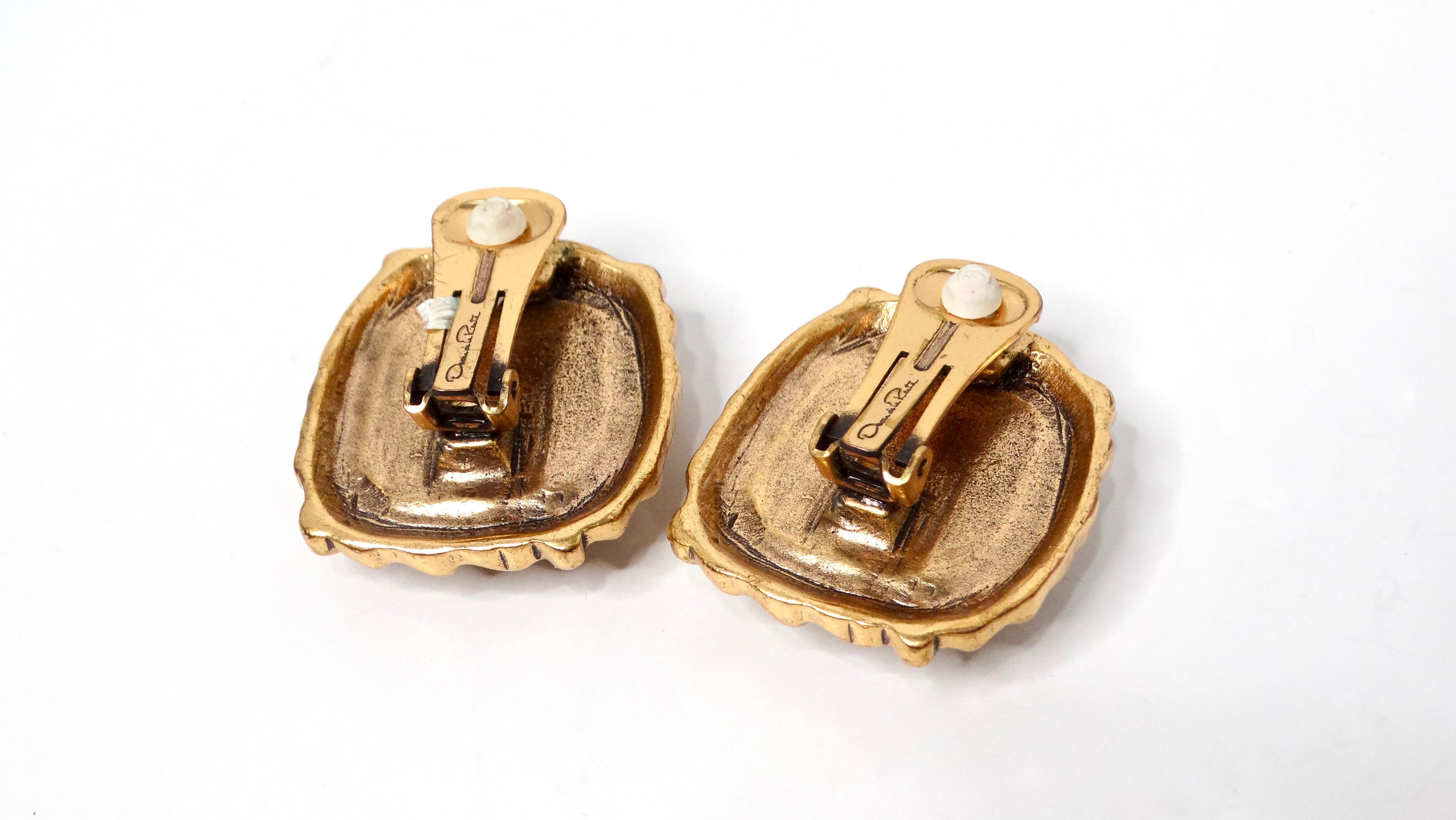 Oscar de la Renta Circa 1990s Red & Orange Jewel-Tone Clip-On Earrings In Good Condition For Sale In Scottsdale, AZ