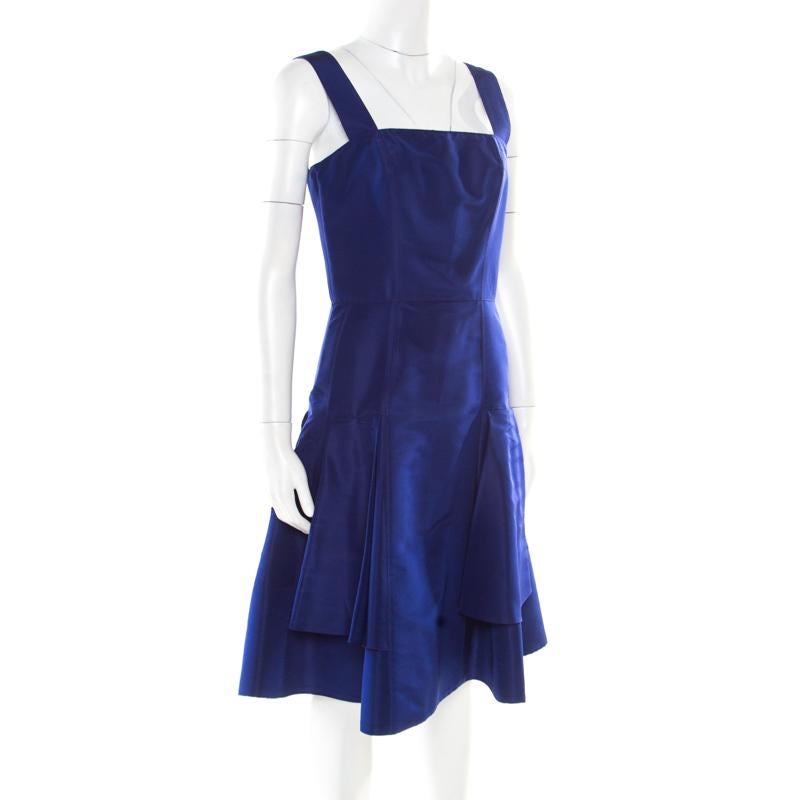 Oscar de la Renta Cobalt Blue Silk Fit and Flare Sleeveless Dress S In Good Condition In Dubai, Al Qouz 2