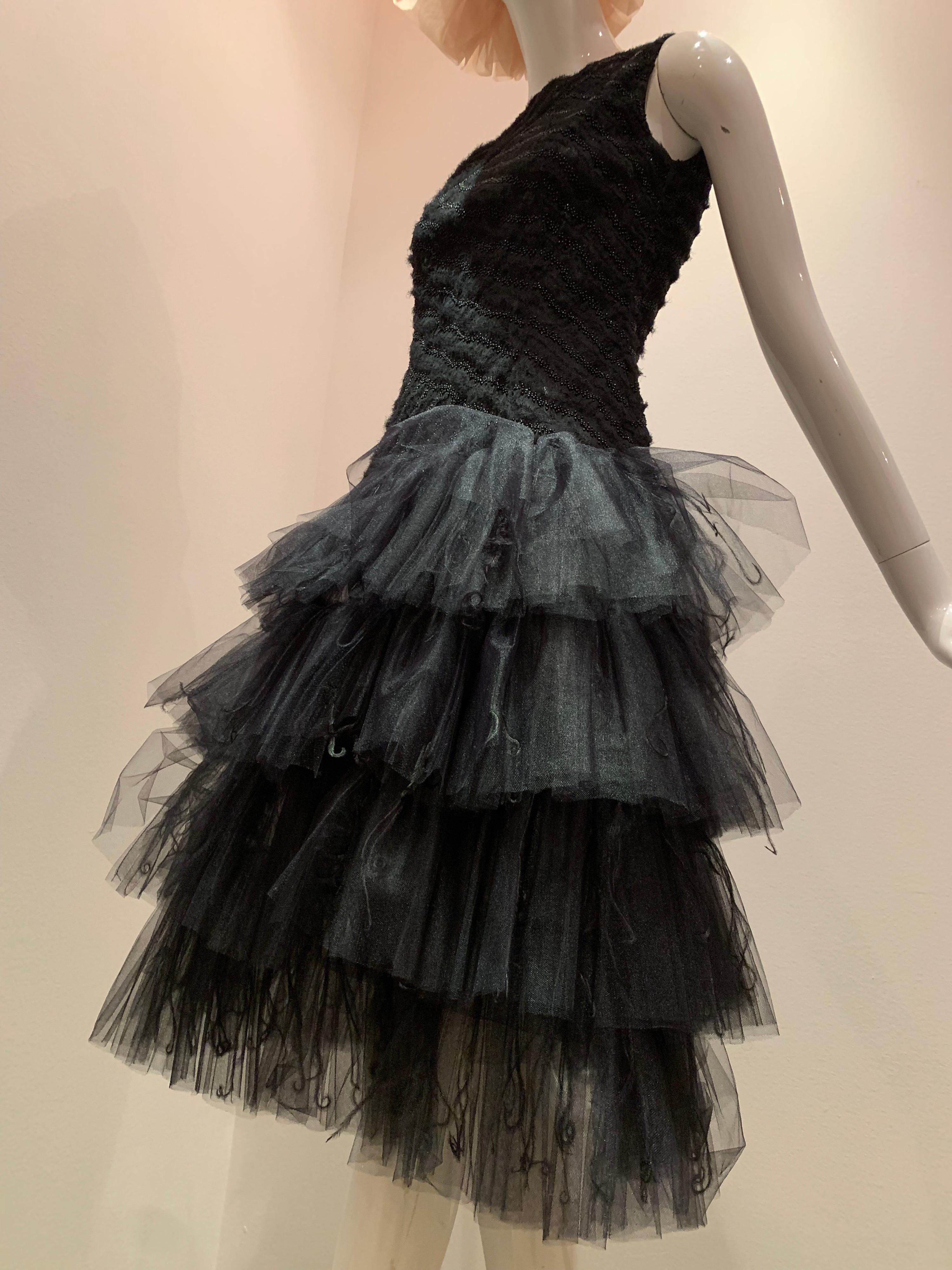 Women's Oscar de la Renta Cocktail Dress W/ Tiered Tulle Beading & Ostrich Feathers