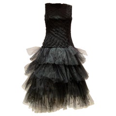 Oscar de la Renta Cocktail Dress W/ Tiered Tulle Beading & Ostrich Feathers