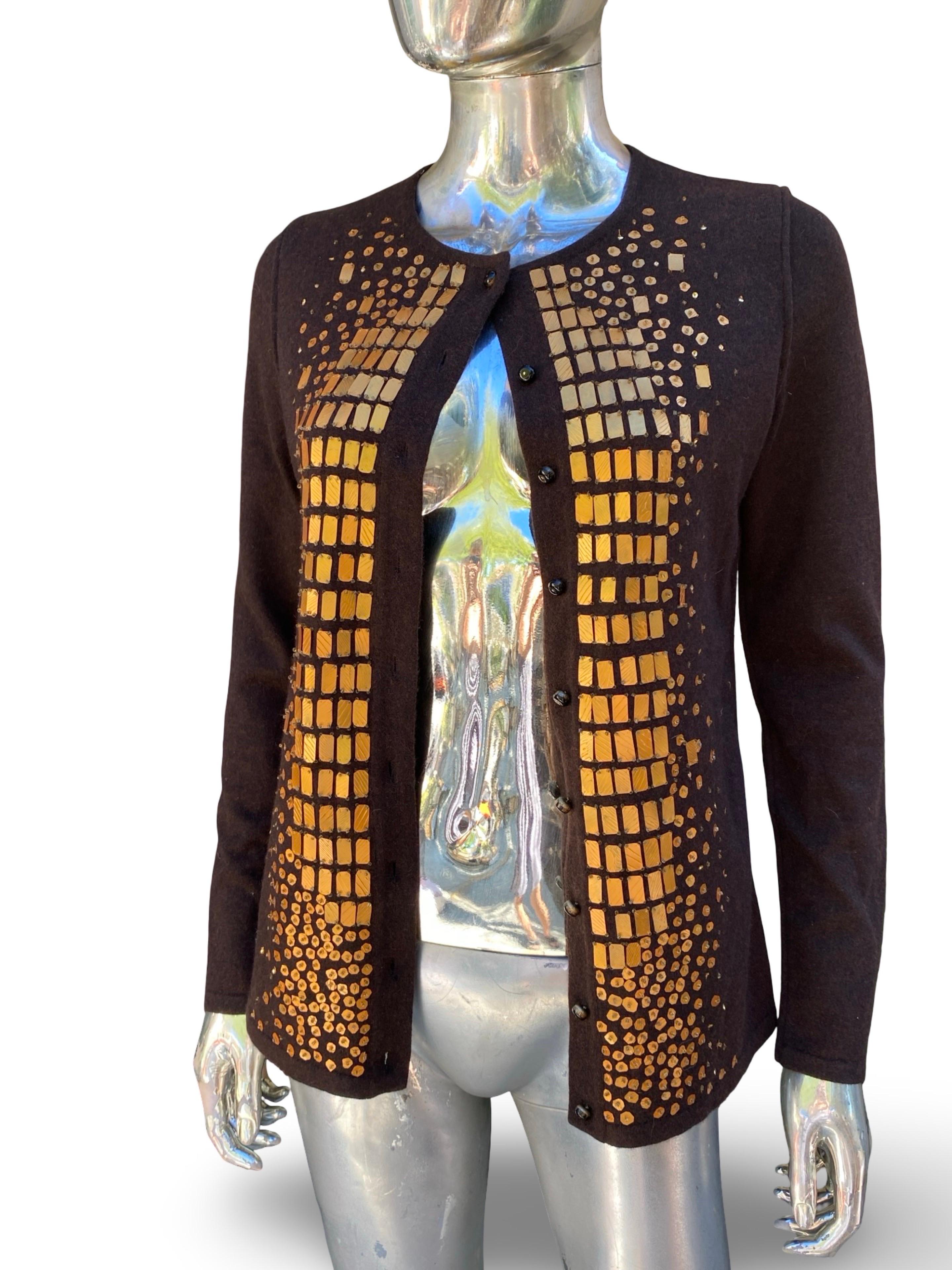 Oscar De La Renta Collection Italy Hand Beaded Brown Cashmere Twin Set Größe S im Angebot 5