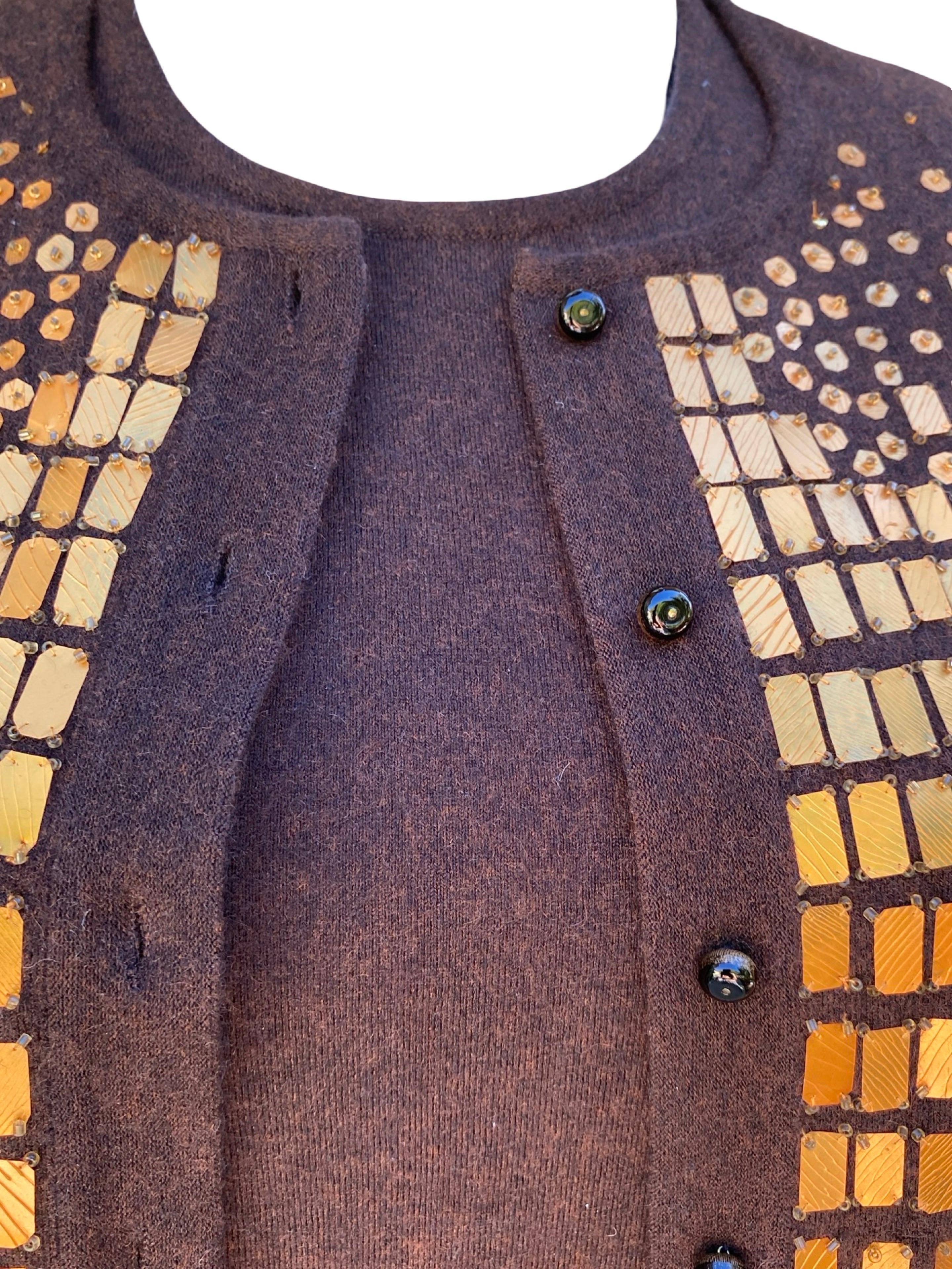 Oscar De La Renta Collection Italy Hand Beaded Brown Cashmere Twin Set Größe S im Angebot 6