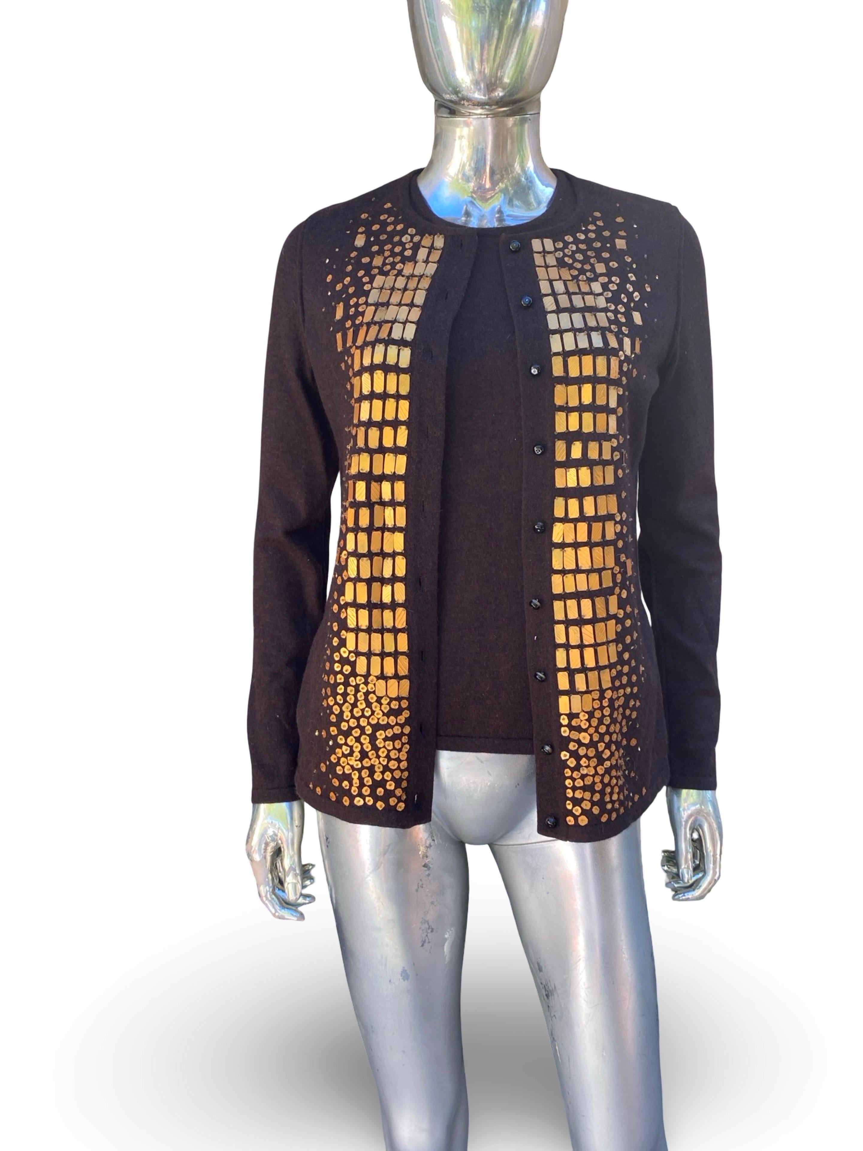 Oscar De La Renta Collection Italy Hand Beaded Brown Cashmere Twin Set Größe S (Schwarz) im Angebot