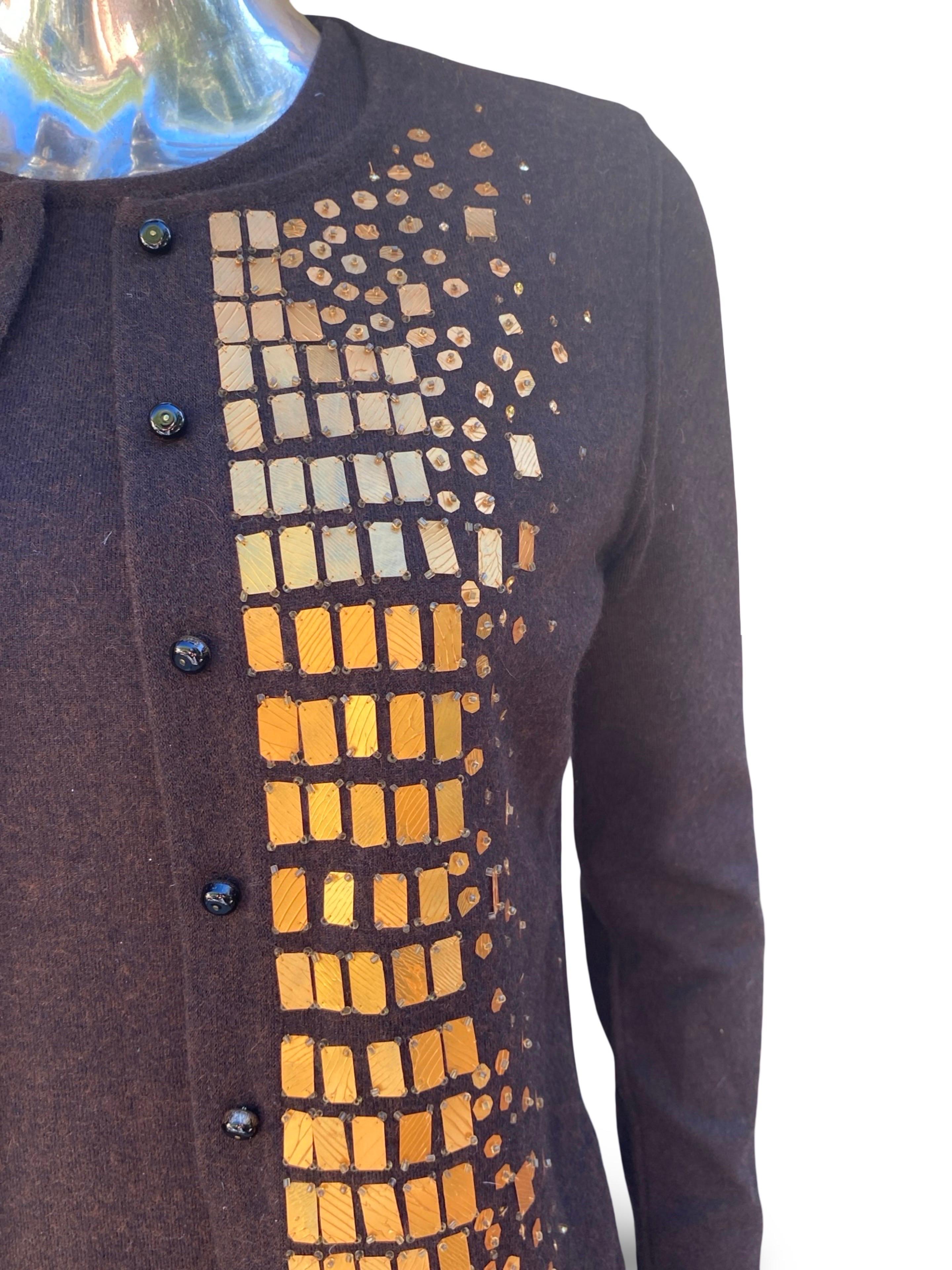 Oscar De La Renta Collection Italy Hand Beaded Brown Cashmere Twin Set Größe S Damen im Angebot