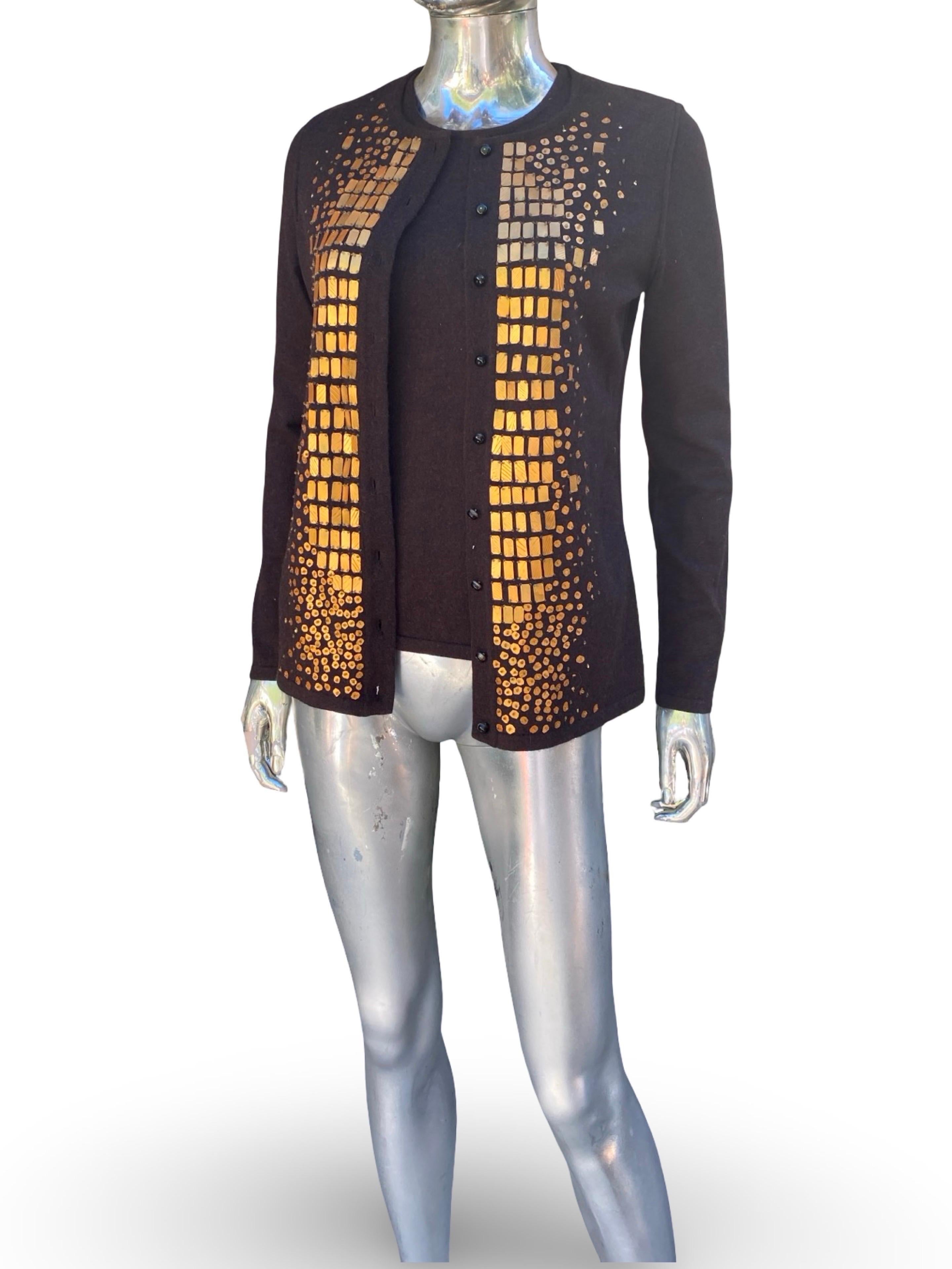 Oscar De La Renta Collection Italy Hand Beaded Brown Cashmere Twin Set Größe S im Angebot 2