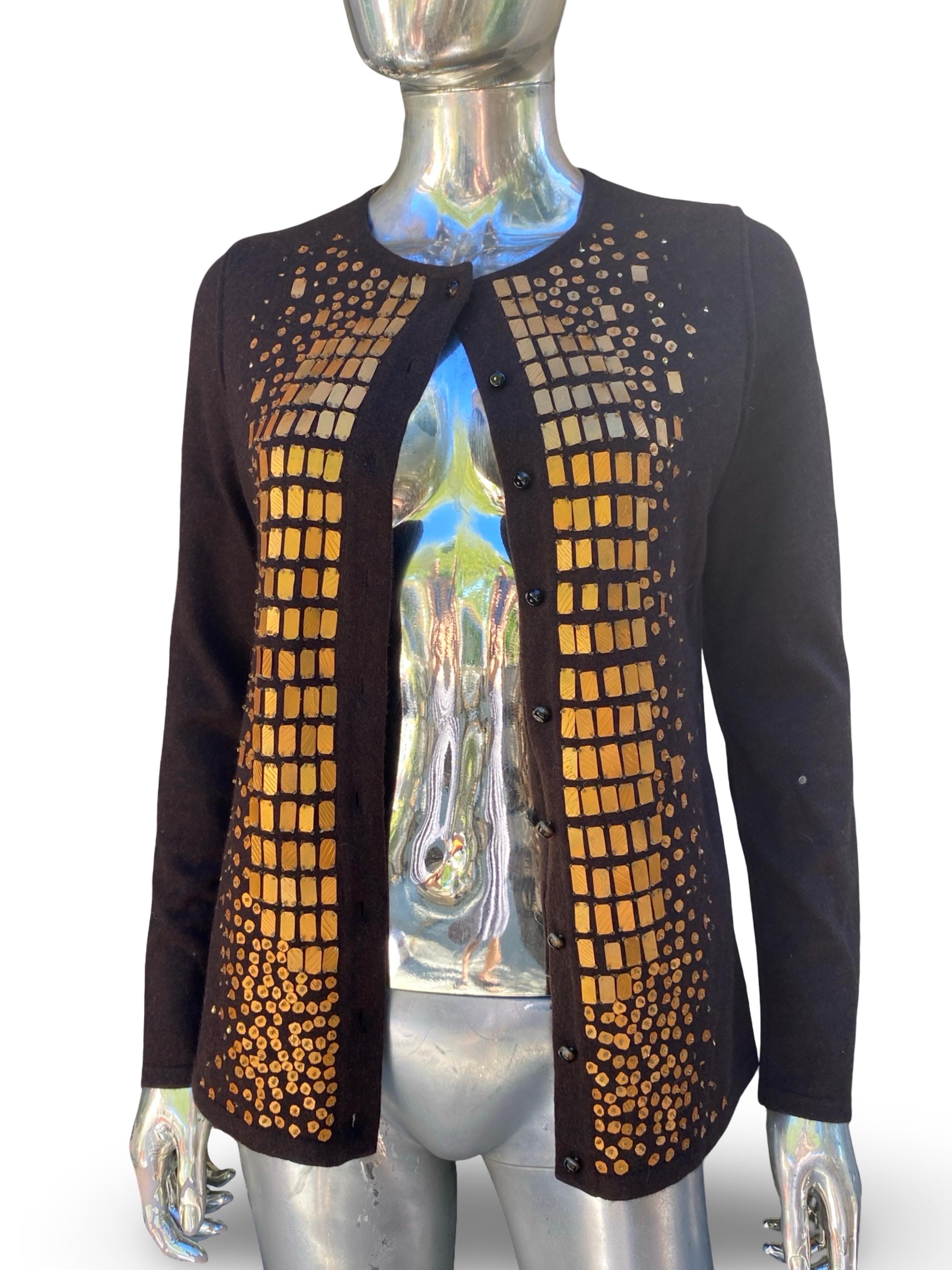 Oscar De La Renta Collection Italy Hand Beaded Brown Cashmere Twin Set Größe S im Angebot 4