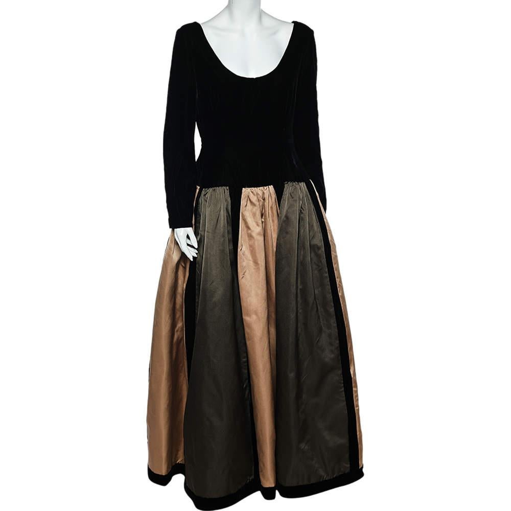 Oscar de la Renta Colorblock Silk & Velvet Long Sleeve Evening Gown L In Good Condition For Sale In Dubai, Al Qouz 2