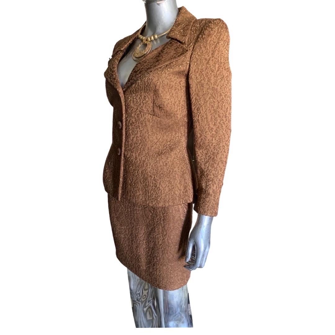 Brown Oscar De La Renta Copper Metallic Skirt Suit, Neiman Marcus Size 8 For Sale