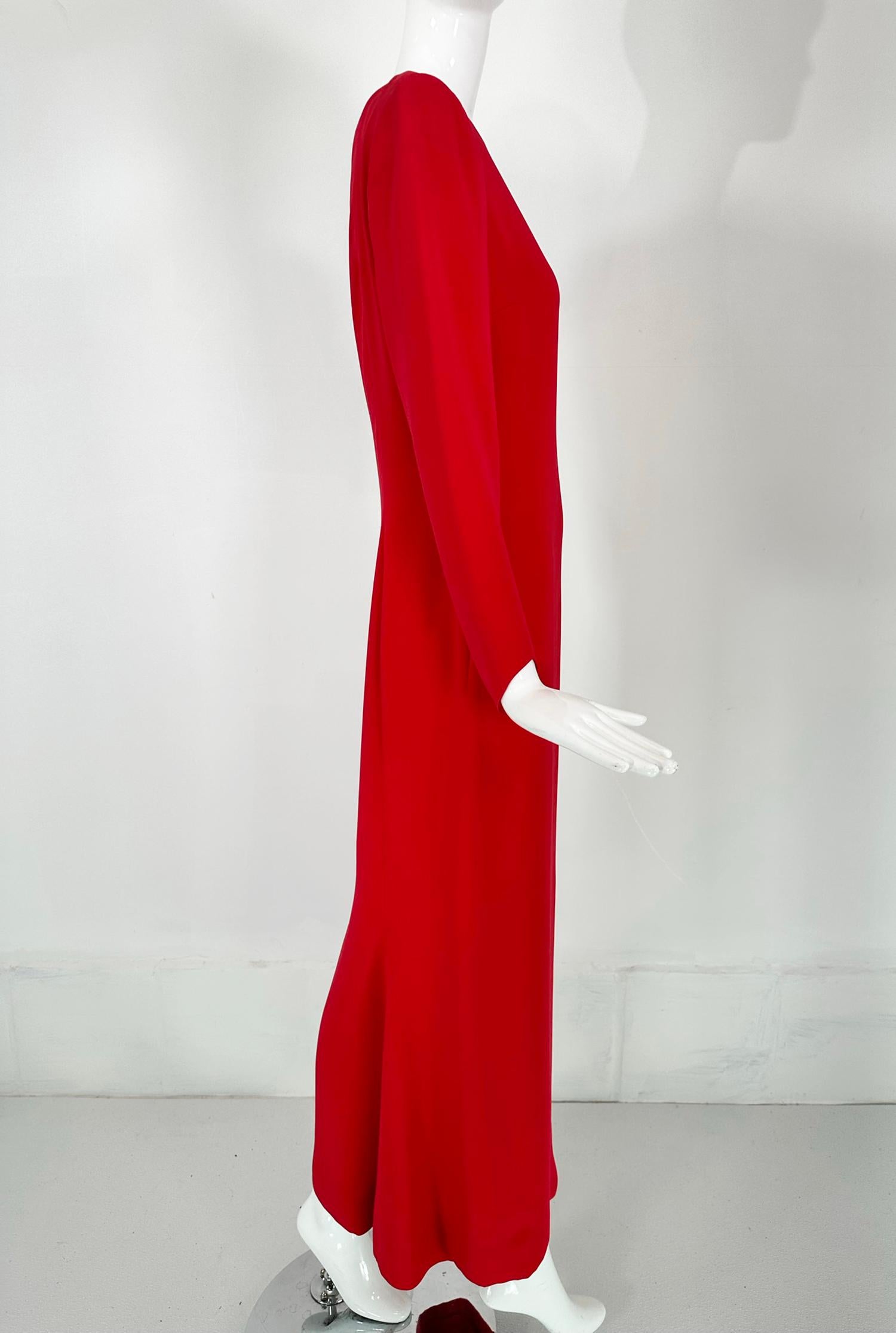 Oscar de la Renta Coral Red Silk Long Sleeve Bateau Neck Column Evening Dress 8 For Sale 6