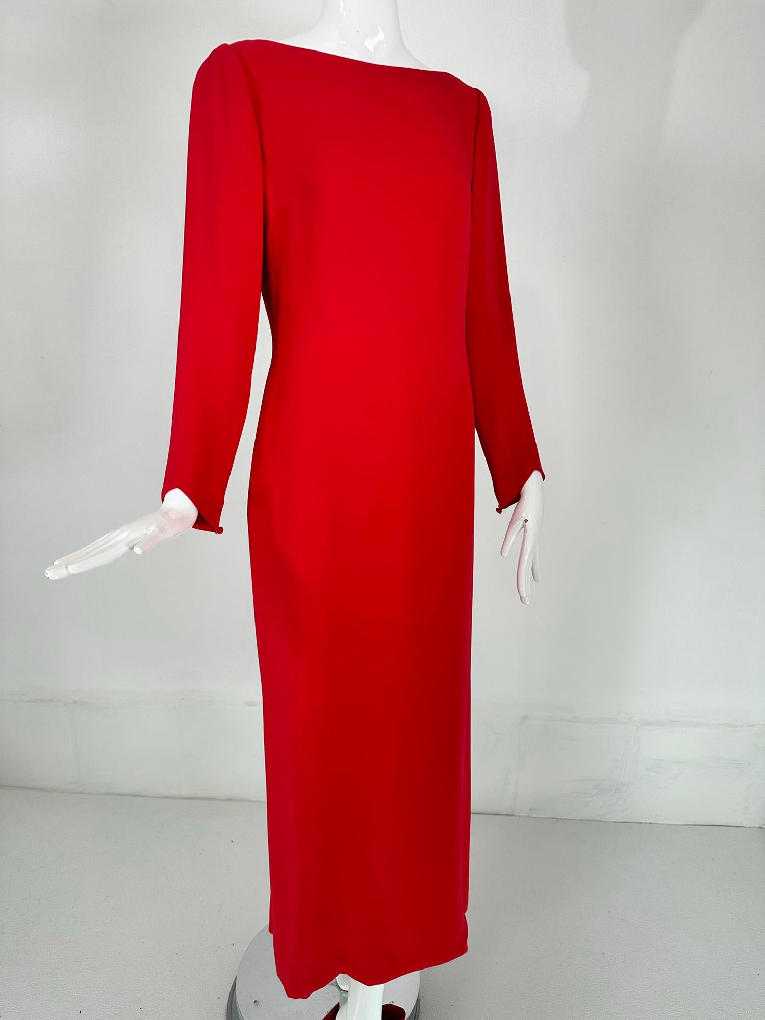 Oscar de la Renta Coral Red Silk Long Sleeve Bateau Neck Column Evening Dress 8 For Sale 7
