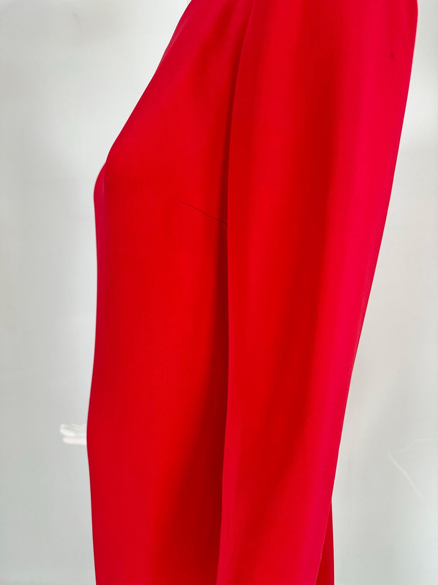 Oscar de la Renta Coral Red Silk Long Sleeve Bateau Neck Column Evening Dress 8 For Sale 8