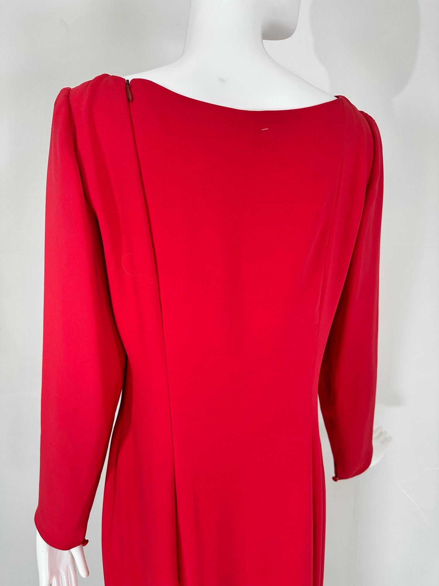 Oscar de la Renta Coral Red Silk Long Sleeve Bateau Neck Column Evening Dress 8 For Sale 9