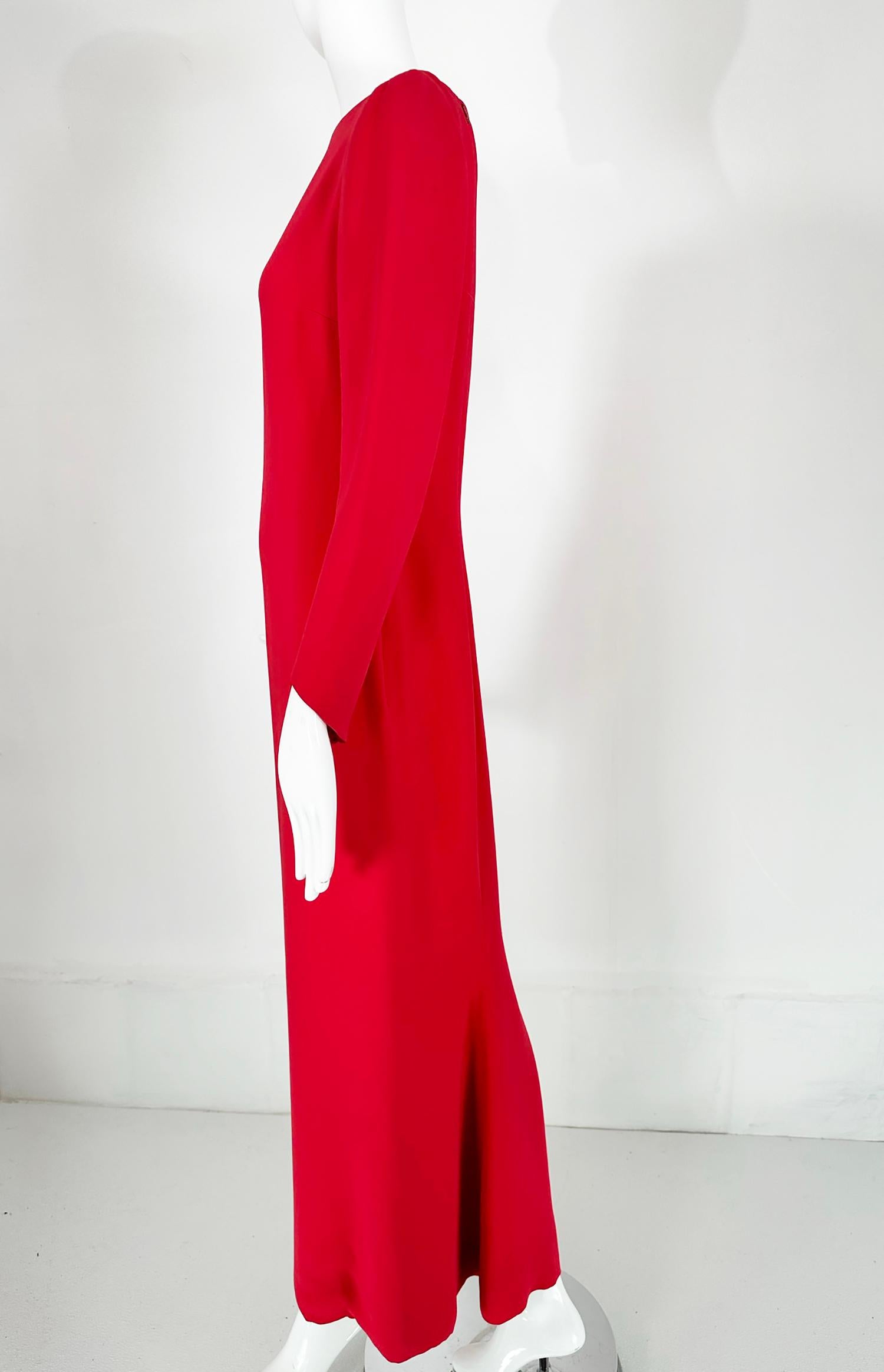 Women's Oscar de la Renta Coral Red Silk Long Sleeve Bateau Neck Column Evening Dress 8 For Sale