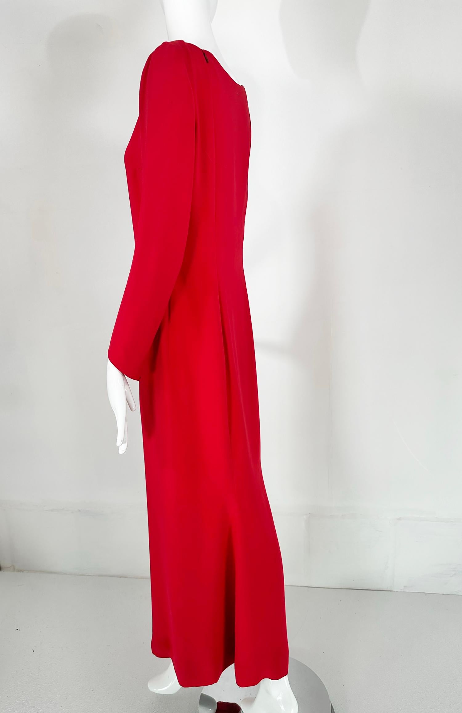 Oscar de la Renta Coral Red Silk Long Sleeve Bateau Neck Column Evening Dress 8 For Sale 1