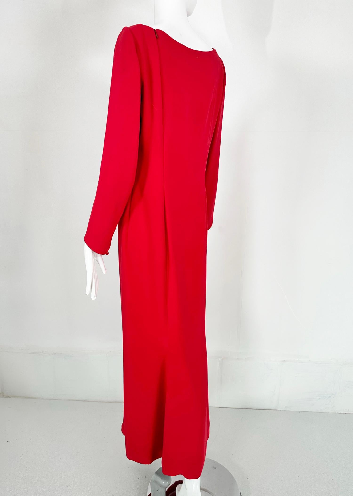 Oscar de la Renta Coral Red Silk Long Sleeve Bateau Neck Column Evening Dress 8 For Sale 2