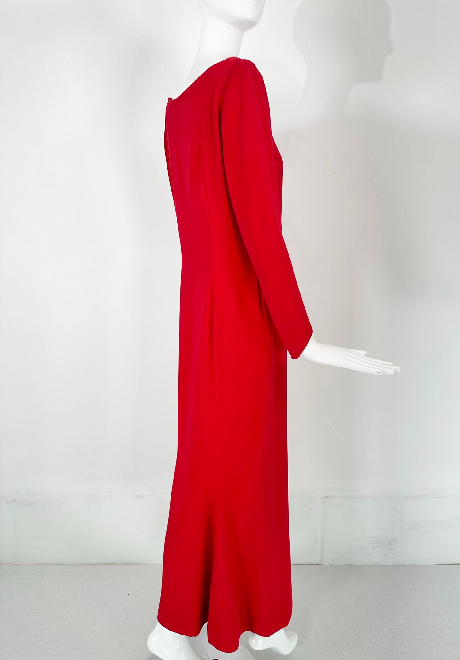 Oscar de la Renta Coral Red Silk Long Sleeve Bateau Neck Column Evening Dress 8 For Sale 5
