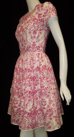 Oscar de la Renta Cotton Pink & White Short Sleeve Dress with Gathered Skirt
