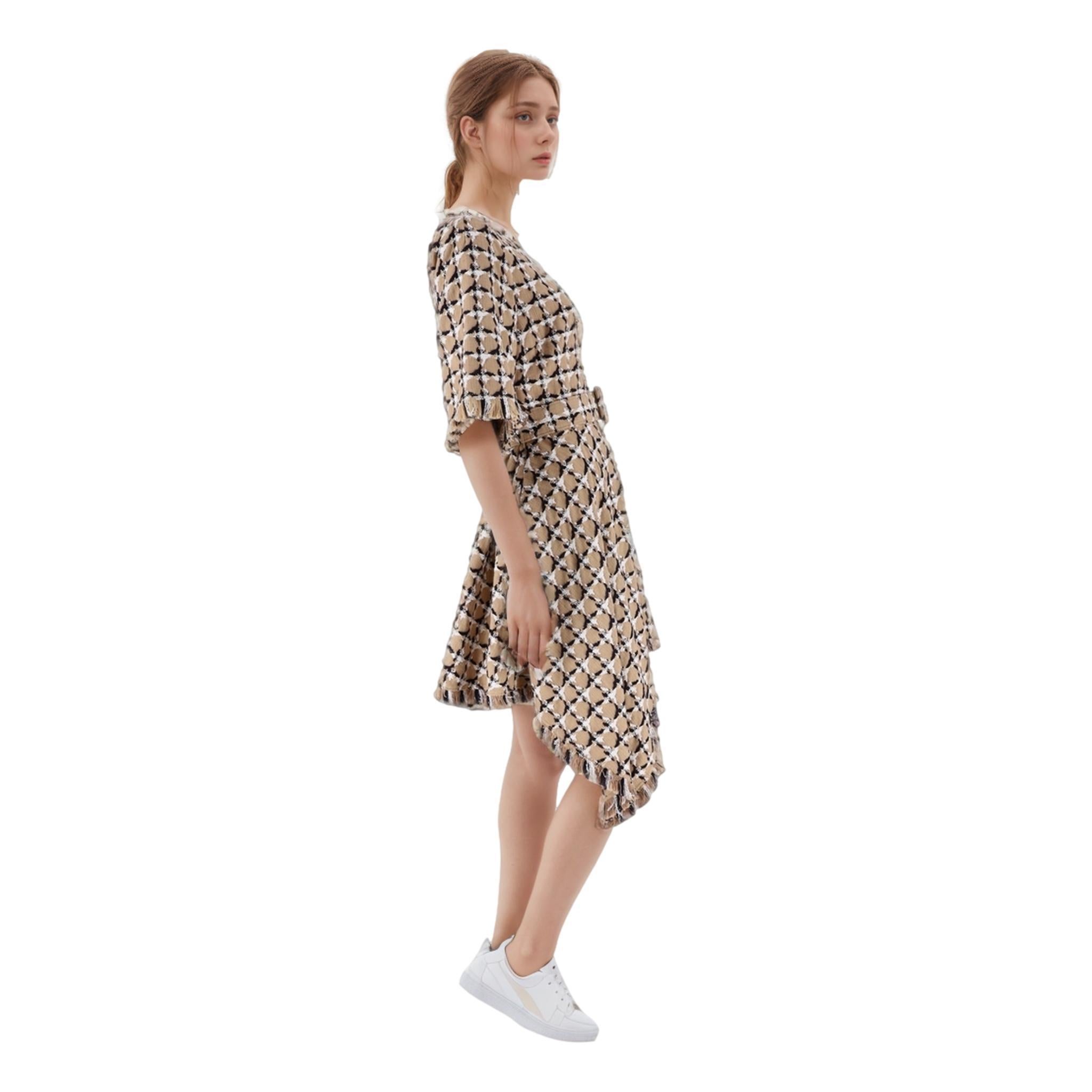 Brown Oscar De La Renta Cotton & Wool Blend Tweed Asymmetric Dress For Sale