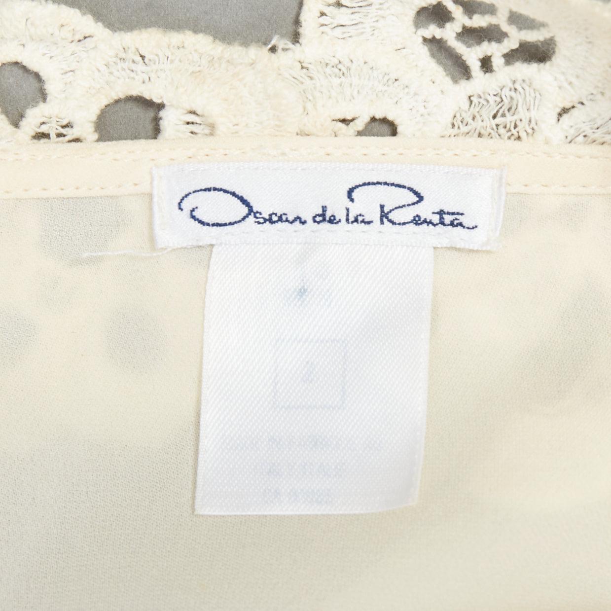 Oscar De La Renta crema 100% seta, pizzo floreale, camicetta peasant con applicazioni US2 S in vendita 3