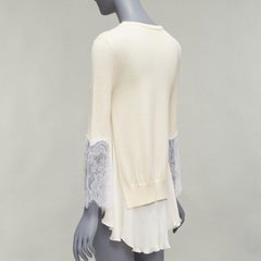 OSCAR DE LA RENTA cream lace flare sleeve chiffon insert hi low hem sweater XS