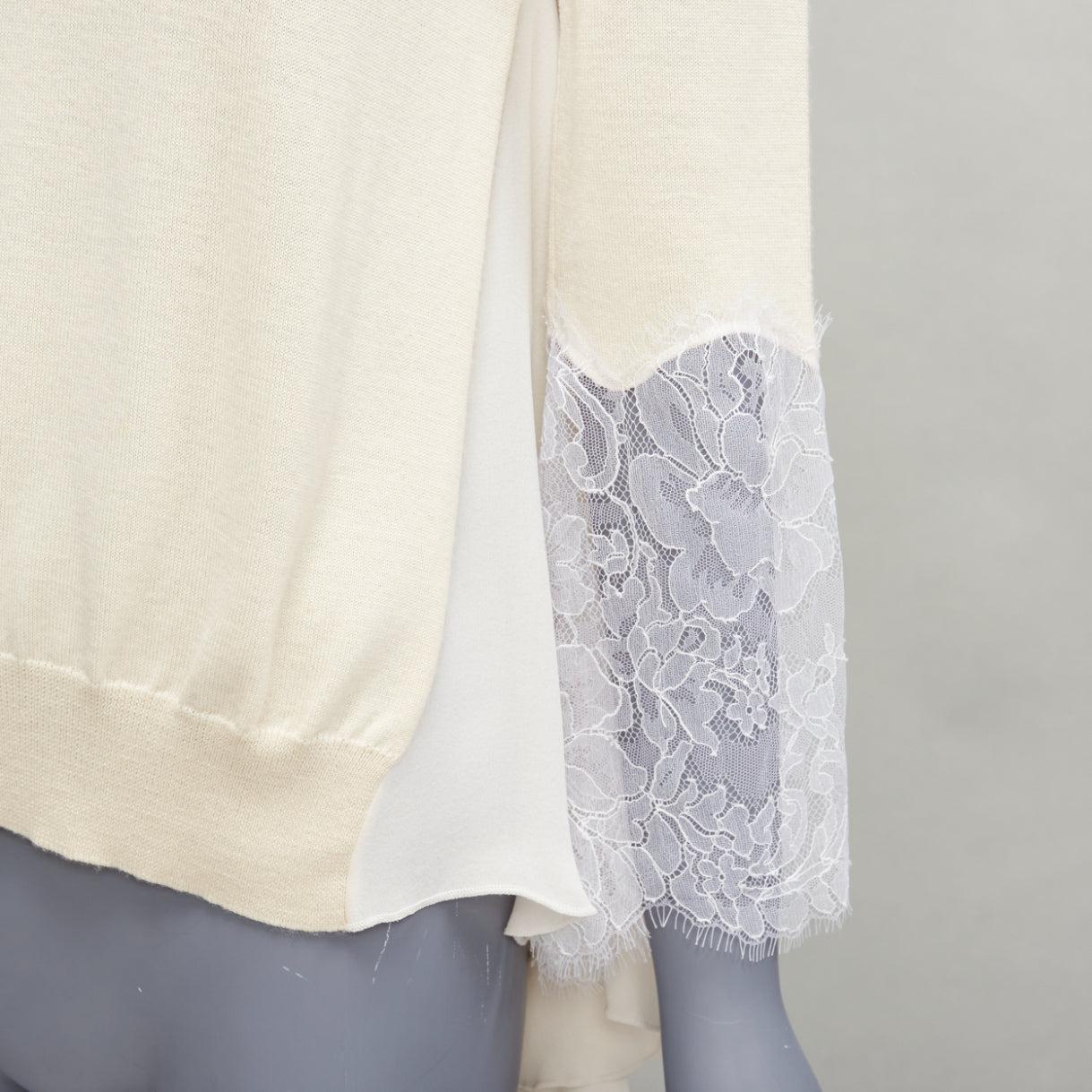 Women's OSCAR DE LA RENTA cream lace flare sleeve chiffon insert hi low hem sweater XS For Sale