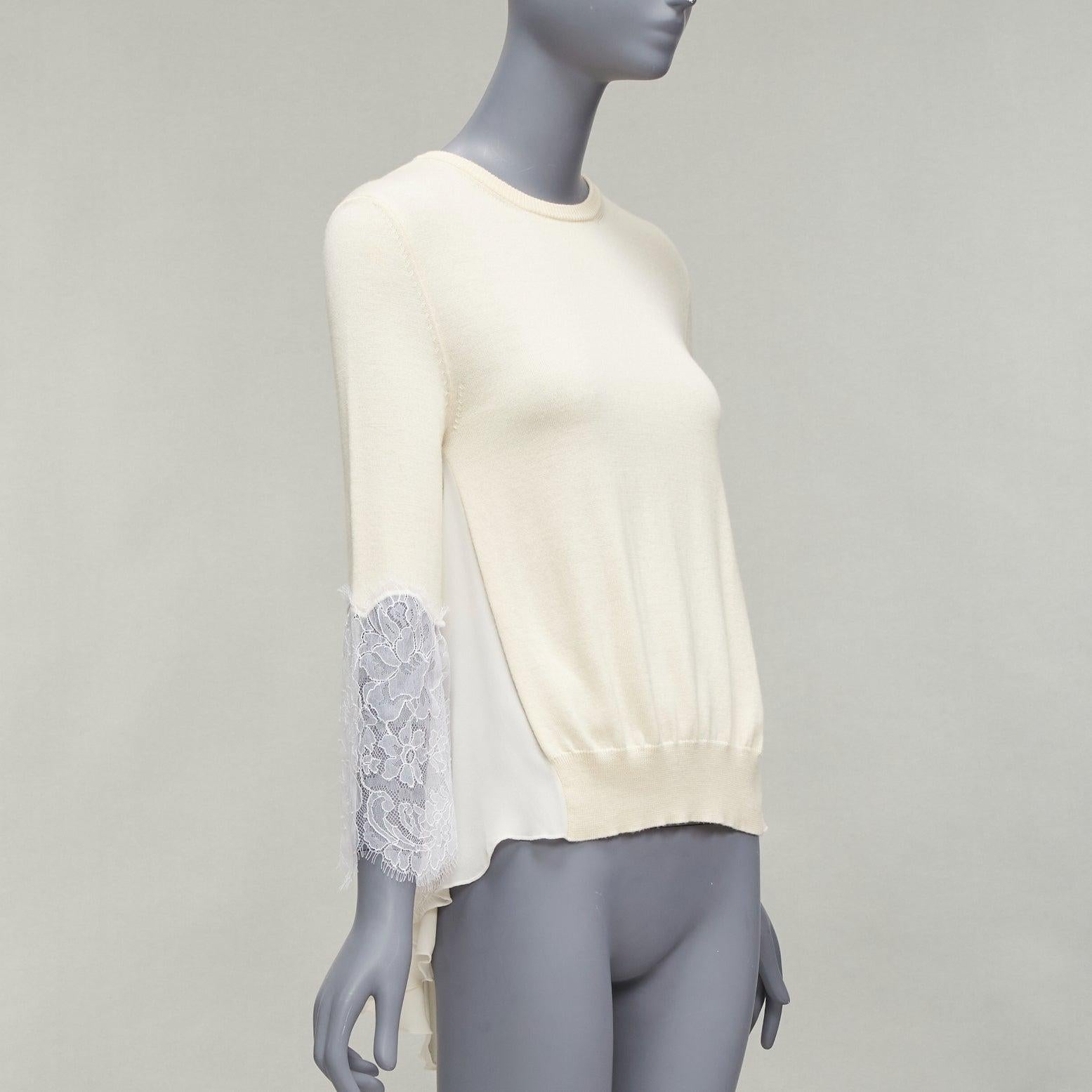 OSCAR DE LA RENTA cream lace flare sleeve chiffon insert hi low hem sweater XS For Sale 1